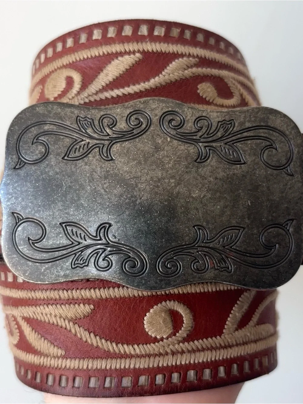 Vintage Ralph Lauren Embroidered Western Belt Size L Silver Buckle Leather